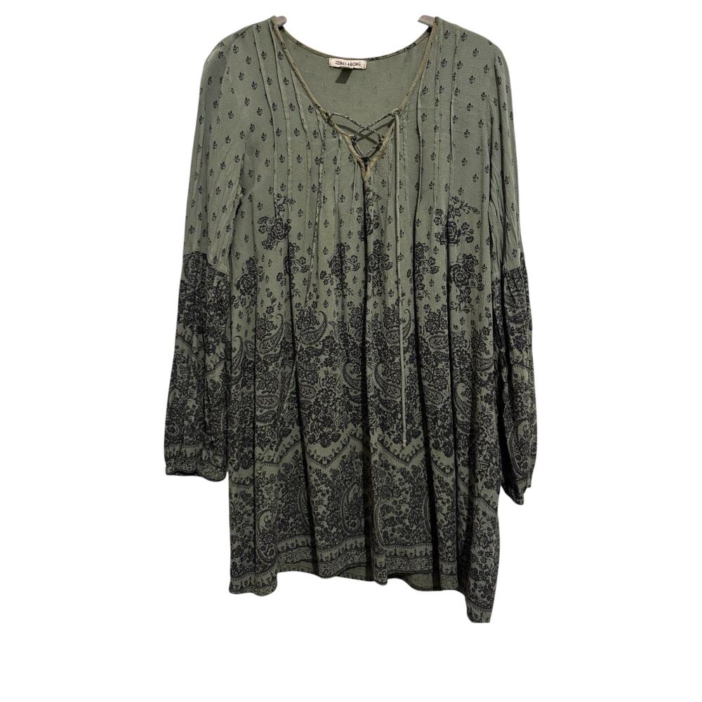 Billabong Tunic Top Size M Olive Lace‎ Up Festival Long Sleeves Y2K Peasant Boho